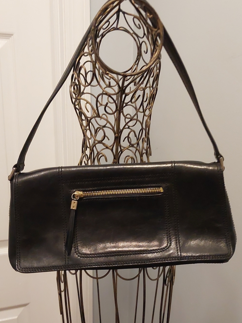 Classic Black Leather Shoulder Bag with Gold Hardware